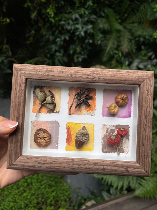 Original Botanical Dried Flower Mini Frame Drawing with Oil Pastel in Earth Tones 5 Inches - My Store