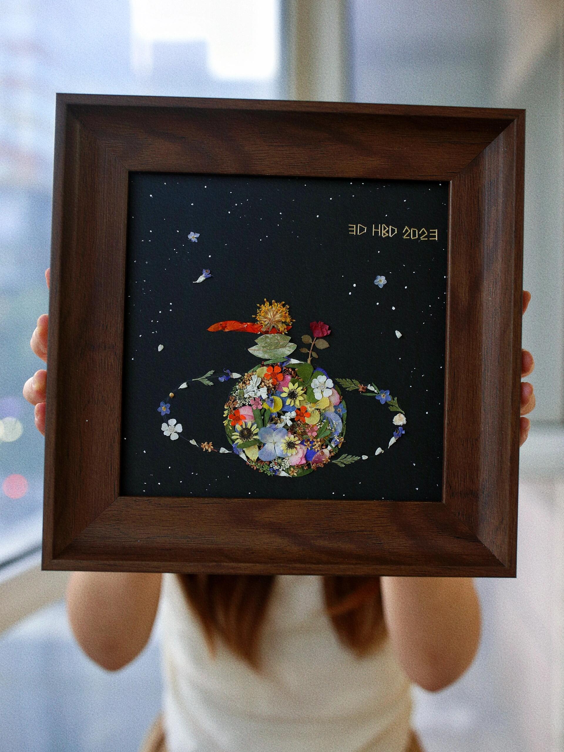 Original Handmade Pressed Flower Plant Frame – Custom Name and Blessing, 32x34cm, The Little Prince Theme, Birthday Gift - My Store