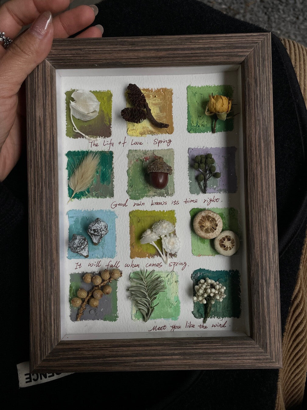 Handmade Oil Pastel Botanical Frame Artwork with Real Plant Specimen - My Store