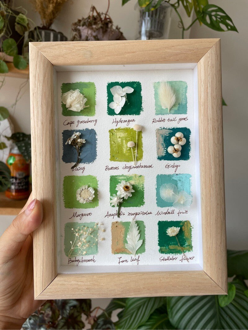 Handmade Oil Pastel Botanical Frame Artwork with Real Plant Specimen - My Store