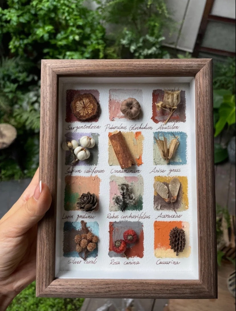 Handmade Oil Pastel Botanical Frame Artwork with Real Plant Specimen - My Store