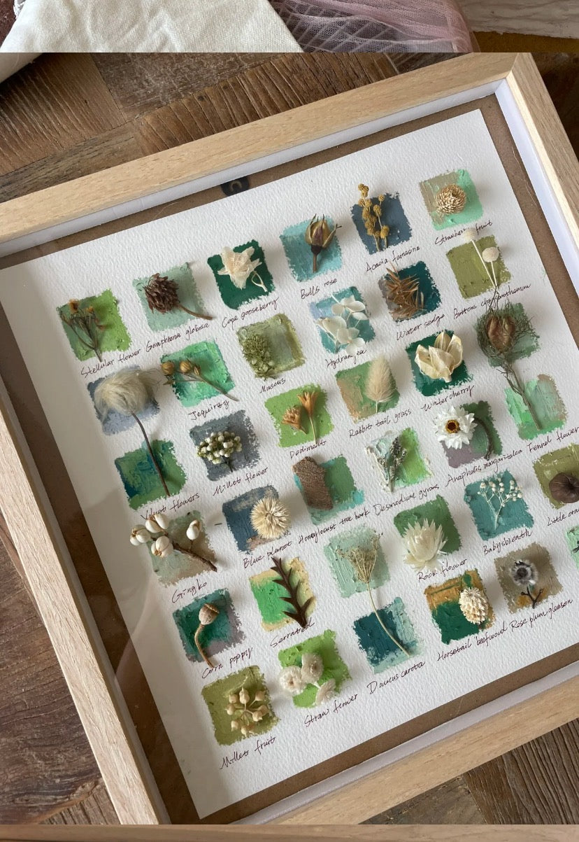 Original Botanical Dried Flower Frame Drawing with Oil Pastel - My Store