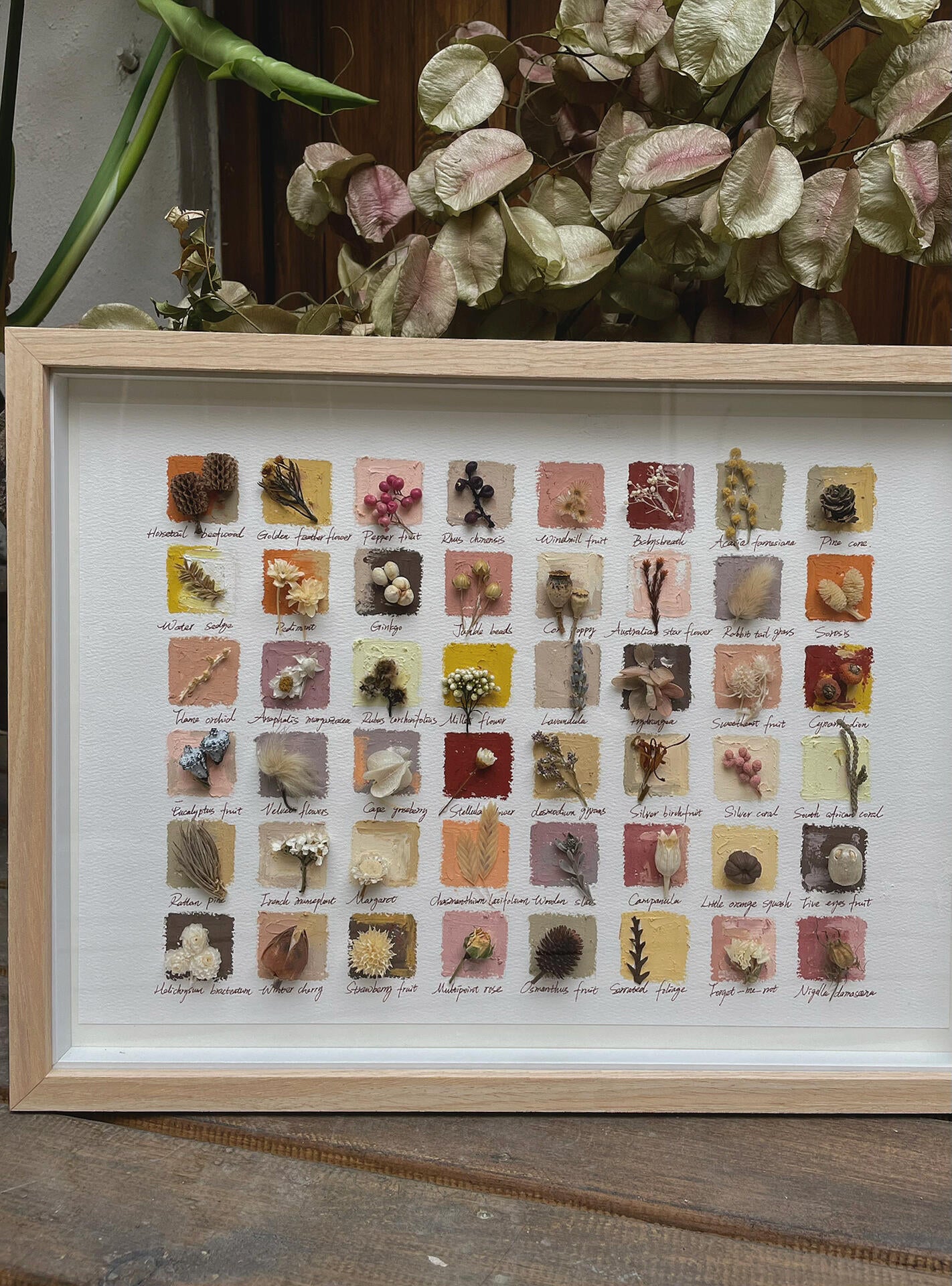 Original Botanical Dried Flower Frame Drawing with Oil Pastel in Earth Tones – 16 Inches - My Store