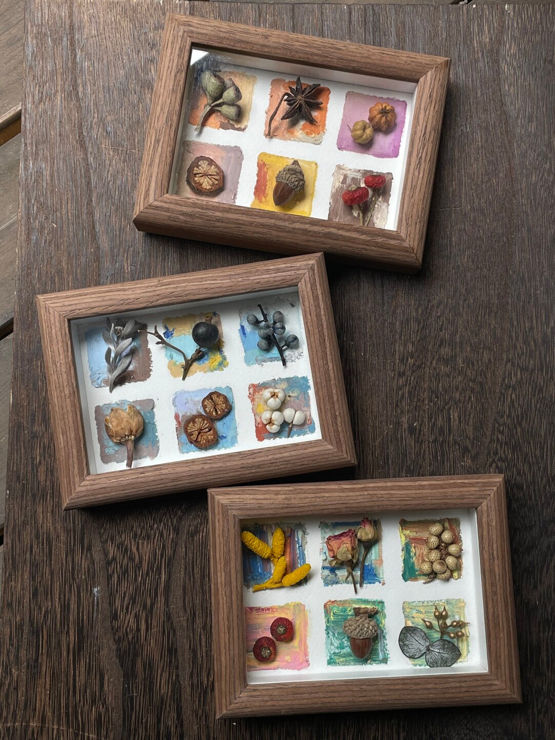 Original Botanical Dried Flower Mini Frame Drawing with Oil Pastel in Earth Tones 5 Inches - My Store