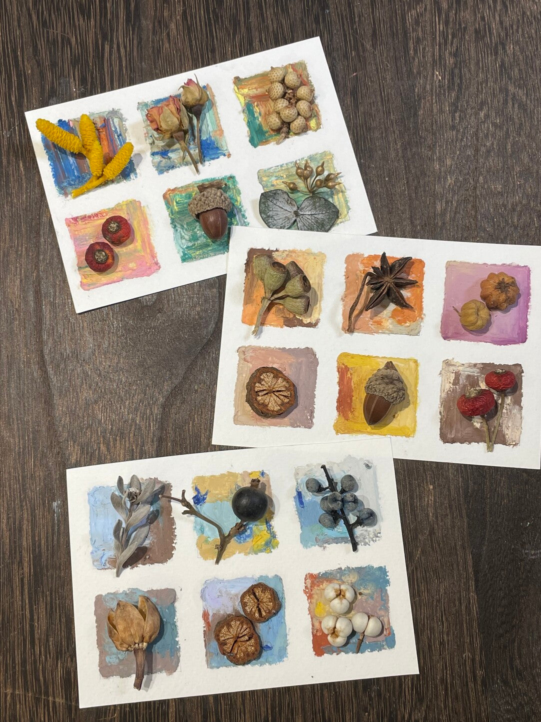 Original Botanical Dried Flower Mini Frame Drawing with Oil Pastel in Earth Tones 5 Inches - My Store