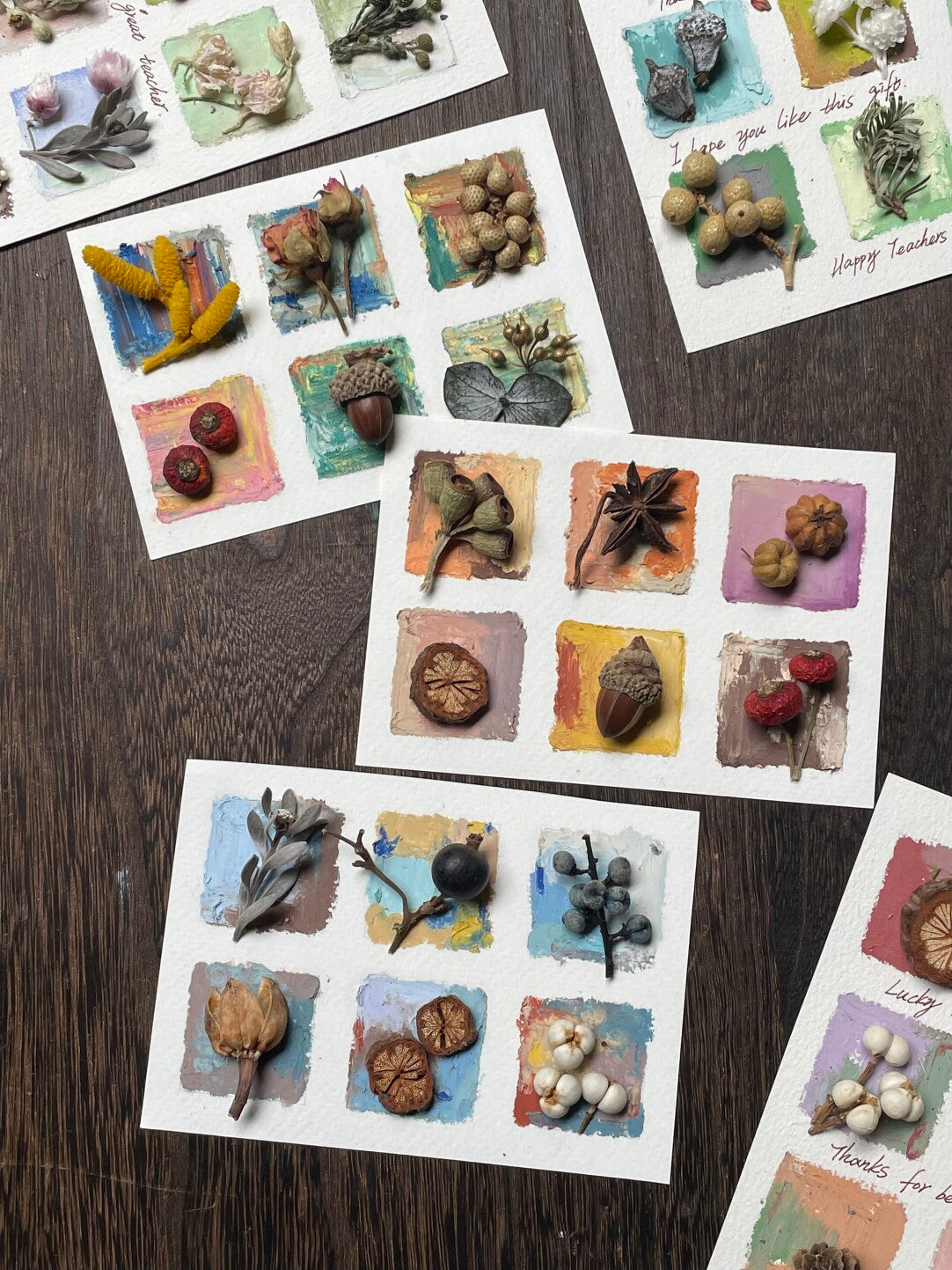 Original Botanical Dried Flower Mini Frame Drawing with Oil Pastel in Earth Tones 5 Inches - My Store