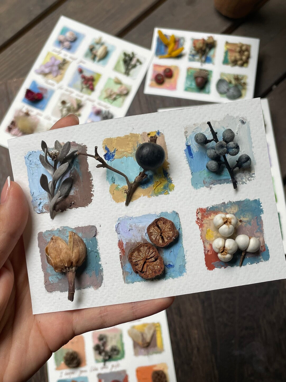 Original Botanical Dried Flower Mini Frame Drawing with Oil Pastel in Earth Tones 5 Inches - My Store