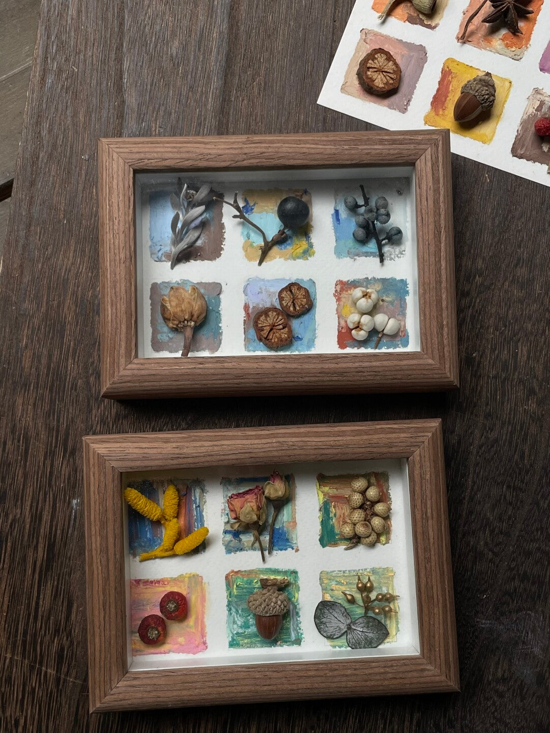 Original Botanical Dried Flower Mini Frame Drawing with Oil Pastel in Earth Tones 5 Inches - My Store