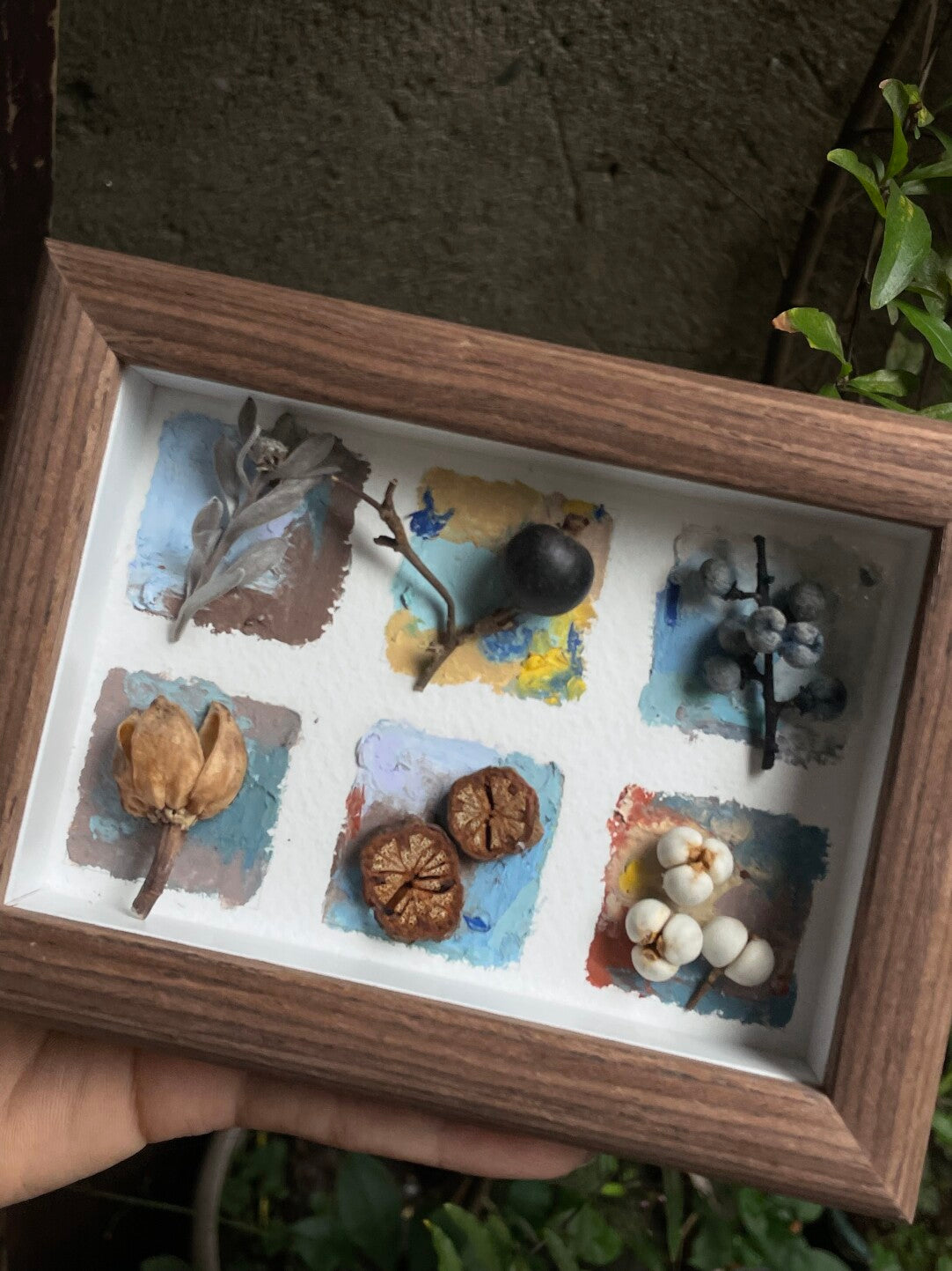 Original Botanical Dried Flower Mini Frame Drawing with Oil Pastel in Earth Tones 5 Inches - My Store