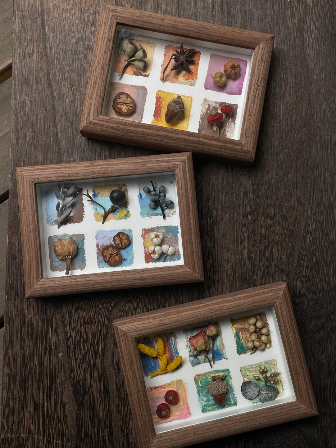 Original Botanical Dried Flower Mini Frame Drawing with Oil Pastel in Earth Tones 5 Inches - My Store