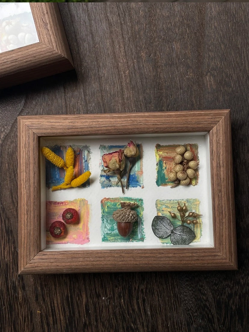 Original Botanical Dried Flower Mini Frame Drawing with Oil Pastel in Earth Tones 5 Inches - My Store